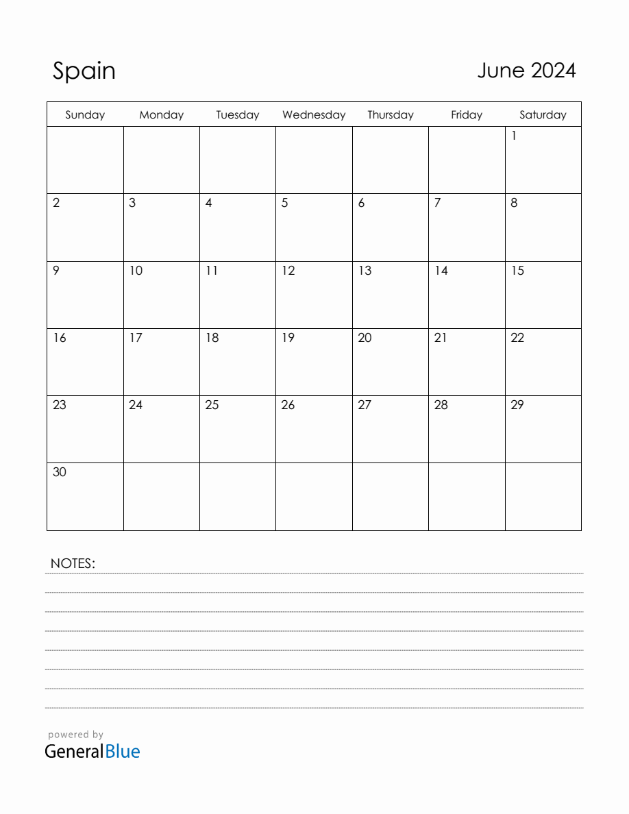 June 2024 Spain Calendar with Holidays