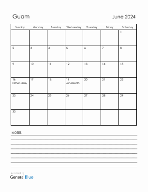 Current month calendar with Guam holidays for June 2024