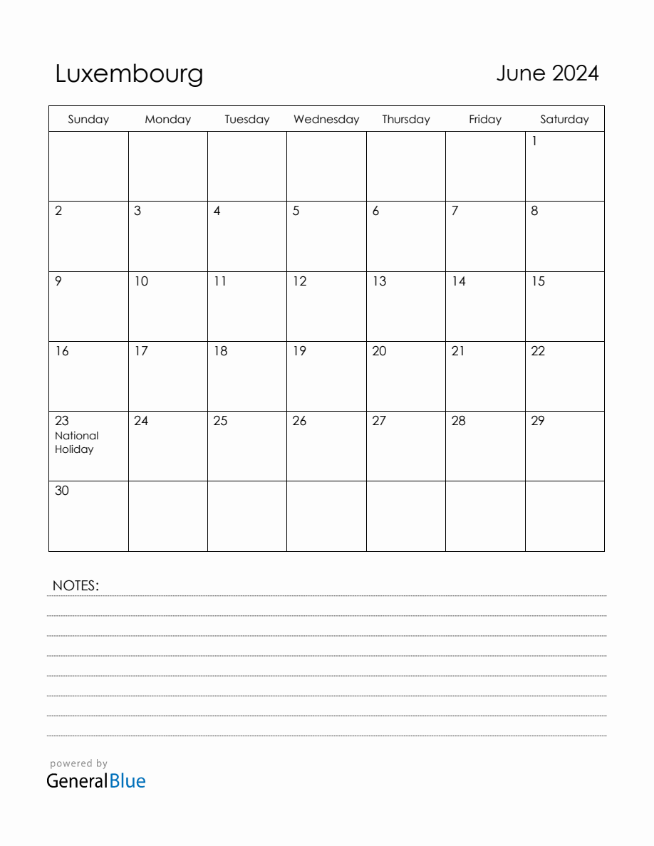 June 2024 Luxembourg Calendar with Holidays