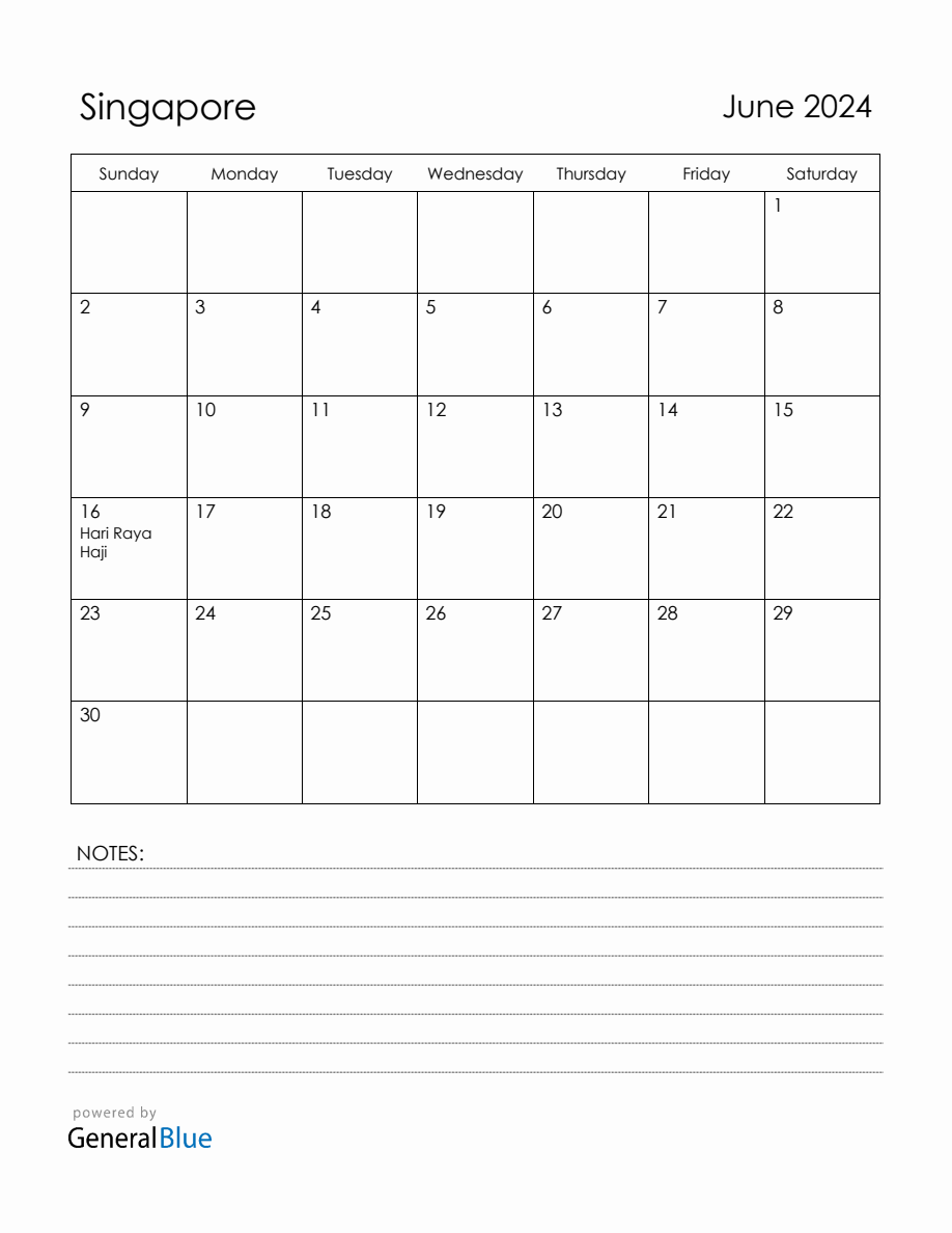 June 2024 Singapore Calendar with Holidays