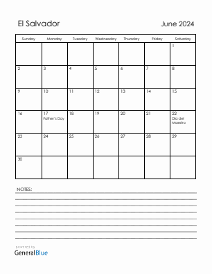 Current month calendar with El Salvador holidays for June 2024