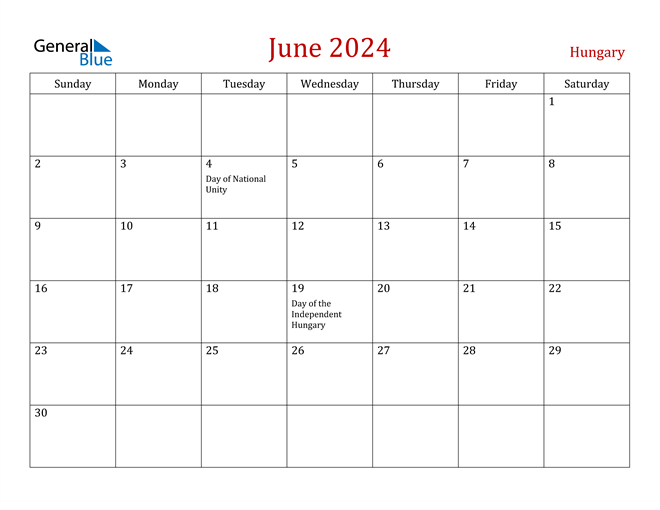 Hungary June 2024 Calendar