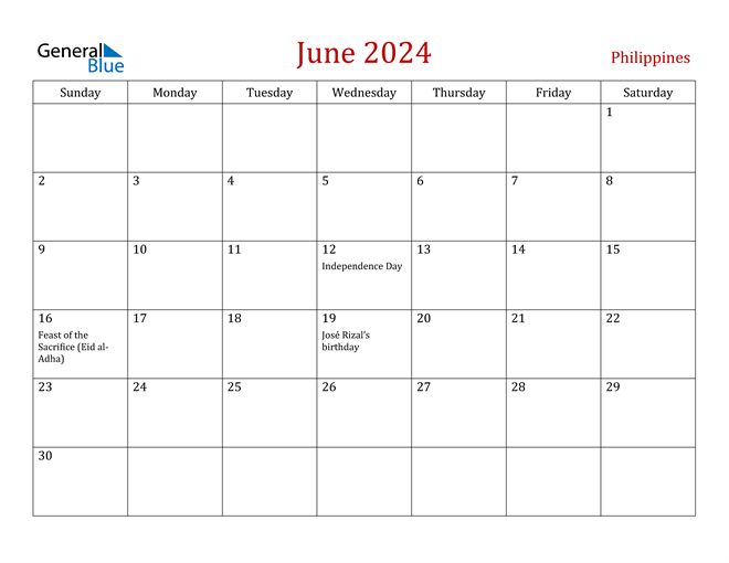 Philippines June 2024 Calendar
