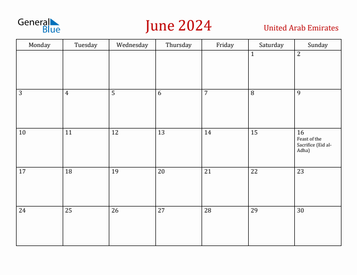 United Arab Emirates June 2024 Calendar - Monday Start