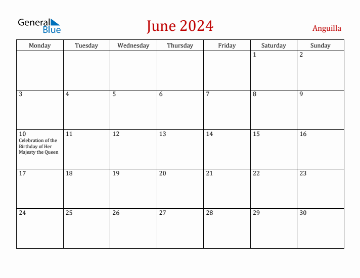 Anguilla June 2024 Calendar - Monday Start