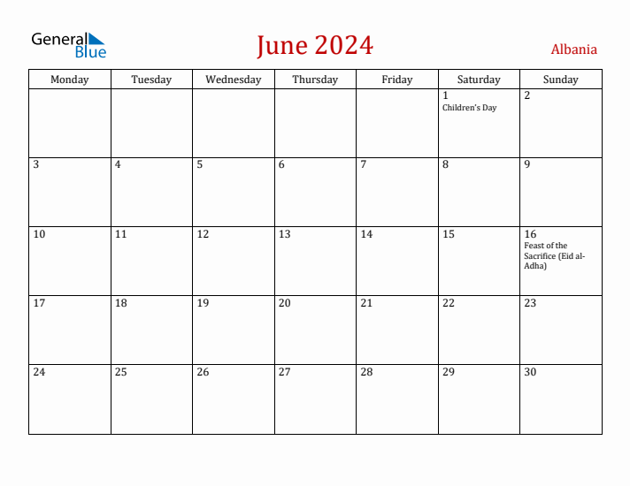 Albania June 2024 Calendar - Monday Start