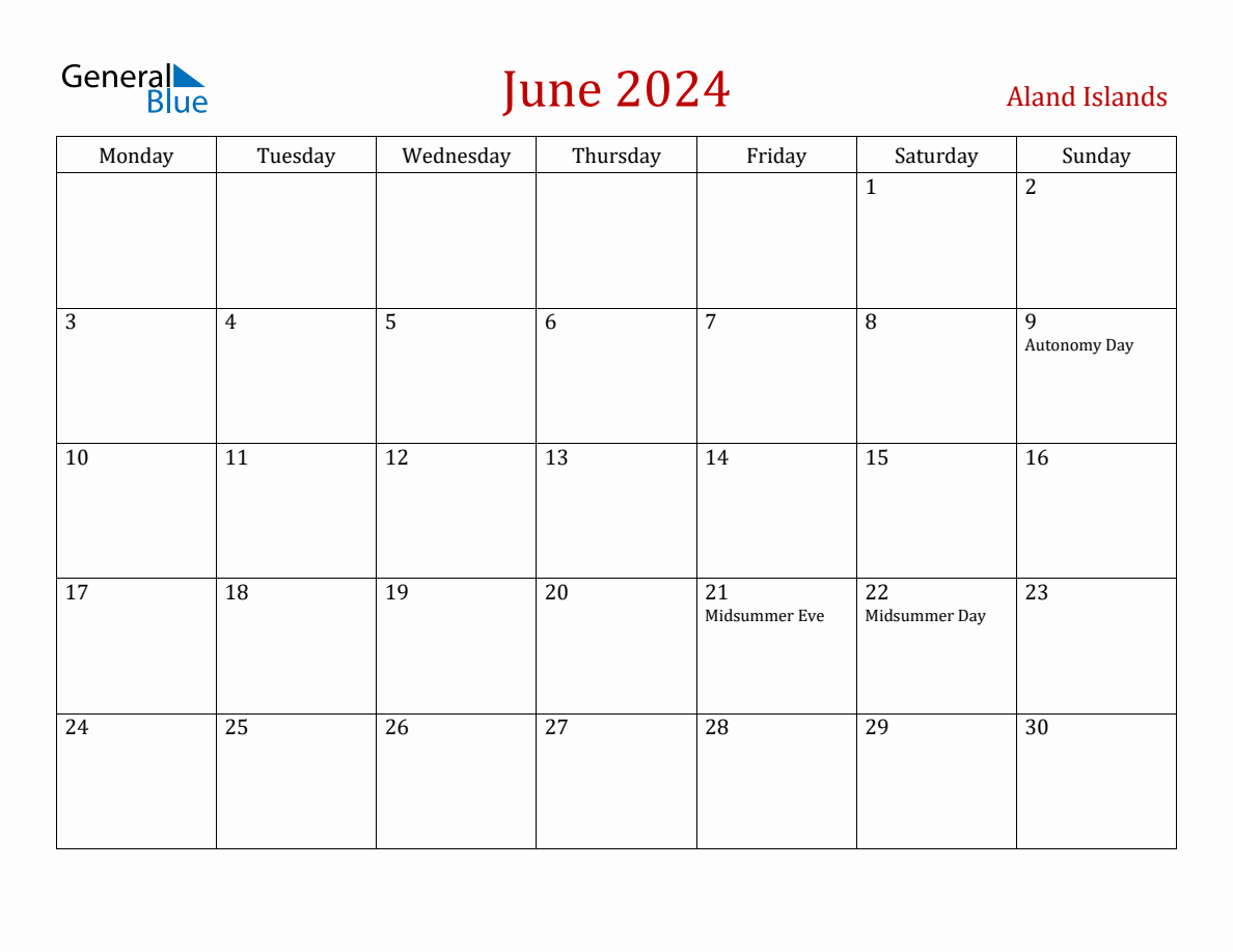 June 2024 Aland Islands Monthly Calendar with Holidays