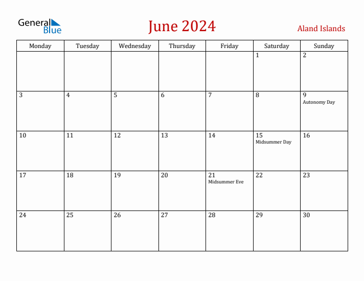 Aland Islands June 2024 Calendar - Monday Start