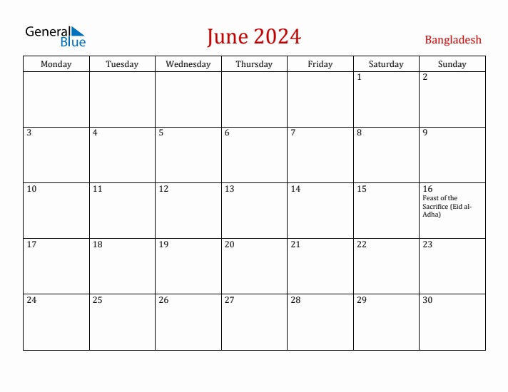 Bangladesh June 2024 Calendar - Monday Start