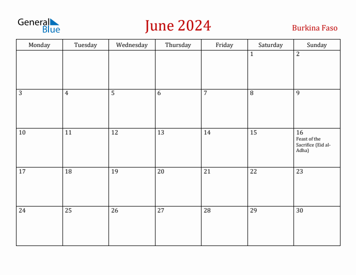 Burkina Faso June 2024 Calendar - Monday Start
