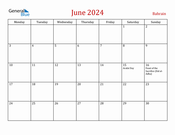 Bahrain June 2024 Calendar - Monday Start