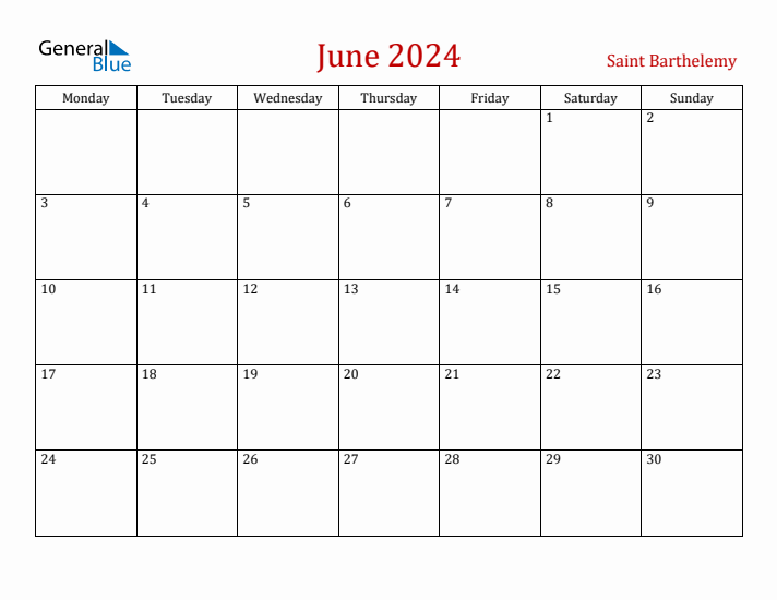 Saint Barthelemy June 2024 Calendar - Monday Start