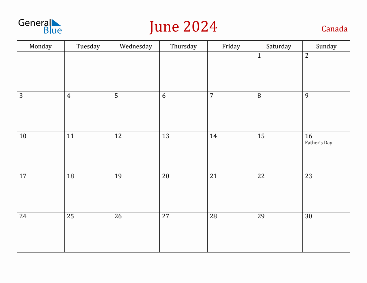 June 2024 Canada Monthly Calendar with Holidays