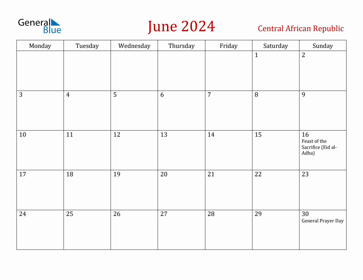 June 2024 Central African Republic Monthly Calendar with Holidays