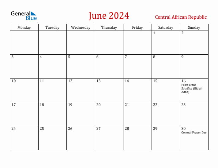 Central African Republic June 2024 Calendar - Monday Start
