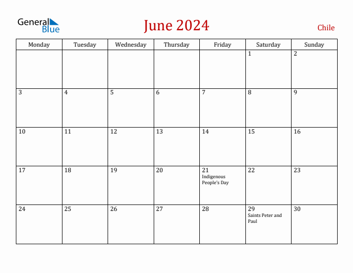 Chile June 2024 Calendar - Monday Start