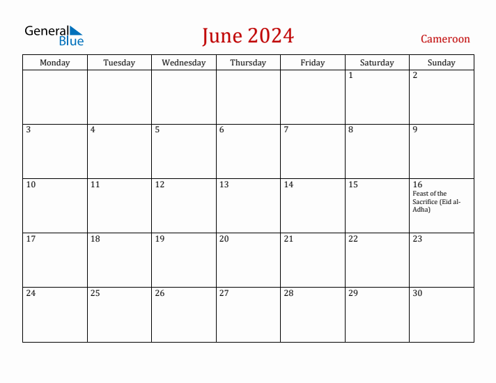 Cameroon June 2024 Calendar - Monday Start