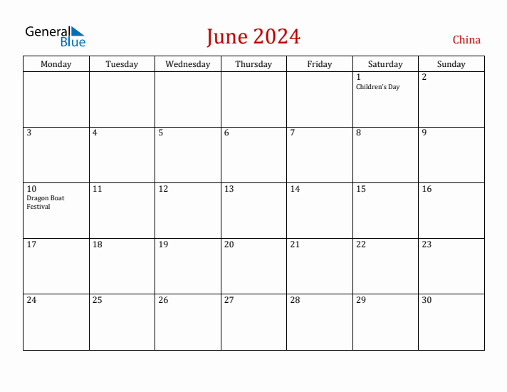 China June 2024 Calendar - Monday Start
