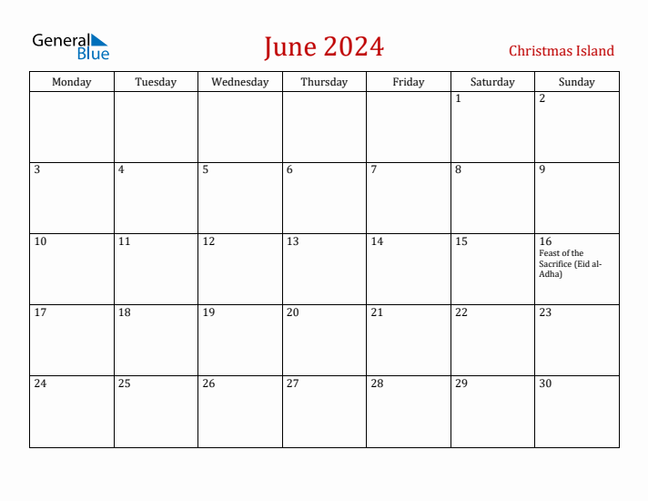 Christmas Island June 2024 Calendar - Monday Start