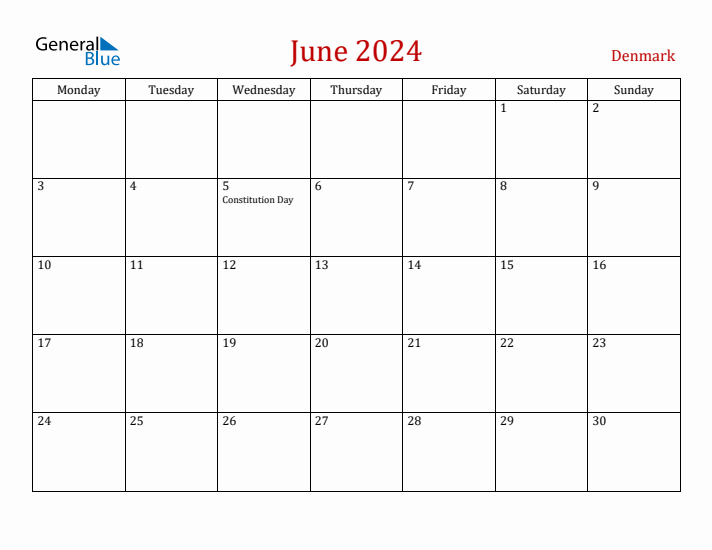 Denmark June 2024 Calendar - Monday Start