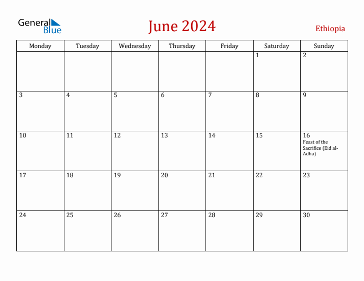 Ethiopia June 2024 Calendar - Monday Start