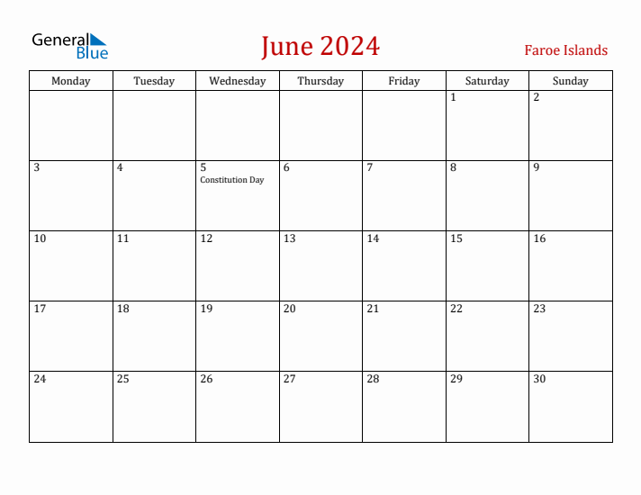 Faroe Islands June 2024 Calendar - Monday Start