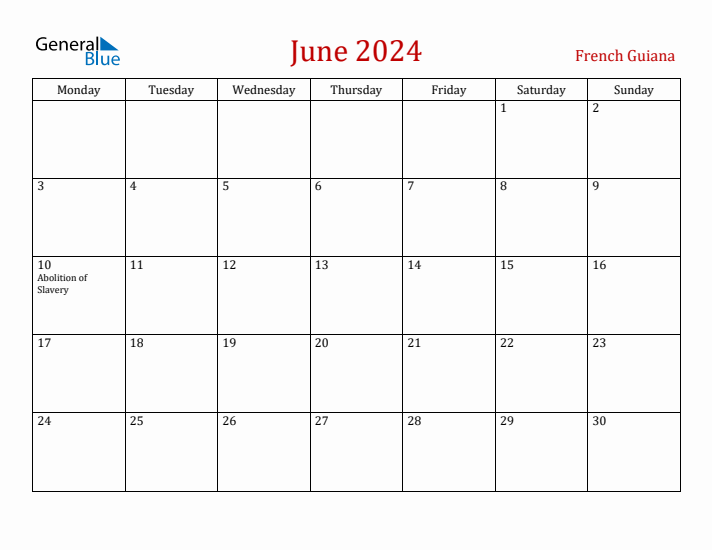French Guiana June 2024 Calendar - Monday Start