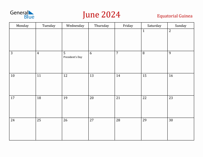 Equatorial Guinea June 2024 Calendar - Monday Start