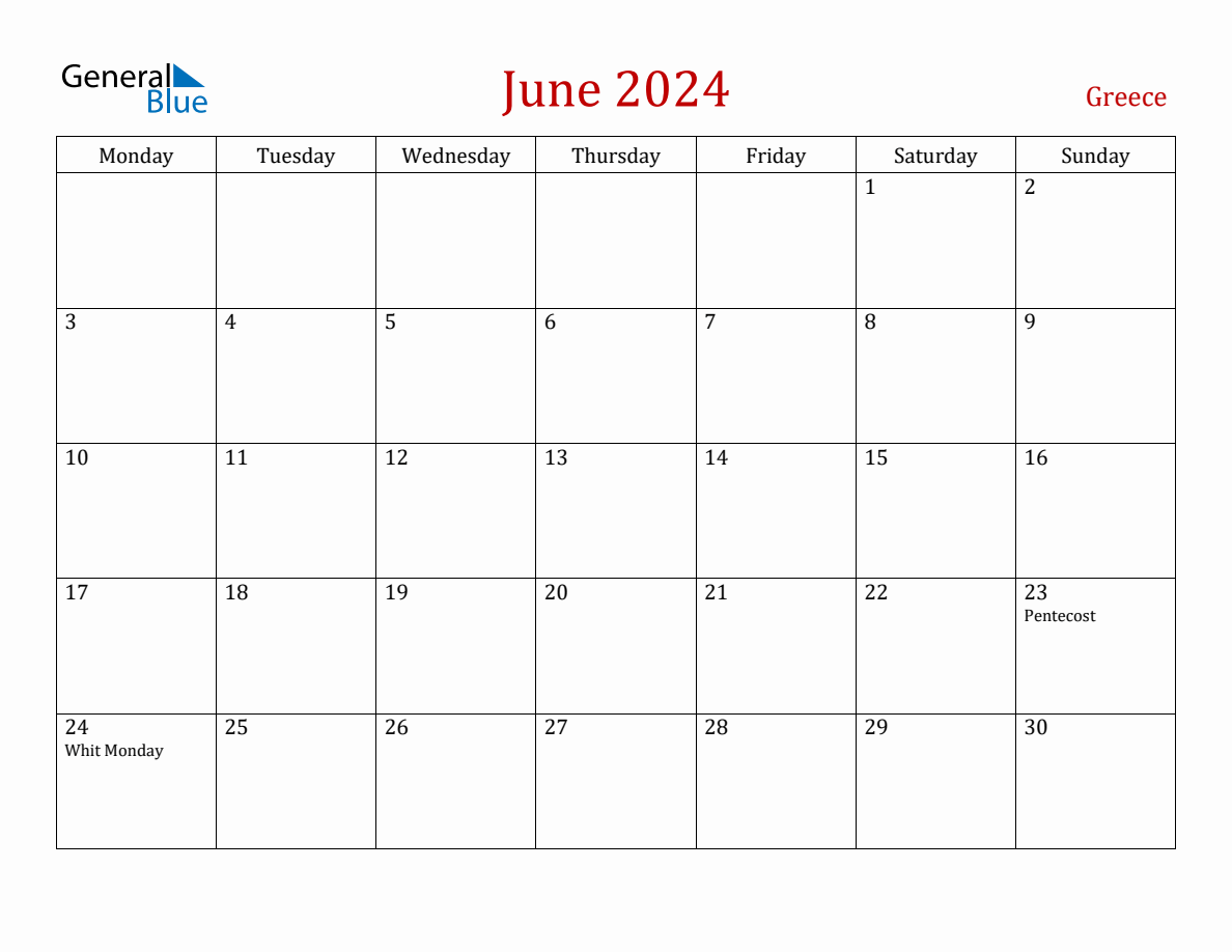 June 2024 Greece Monthly Calendar with Holidays