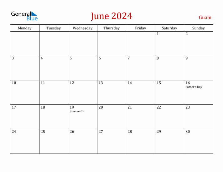 Guam June 2024 Calendar - Monday Start