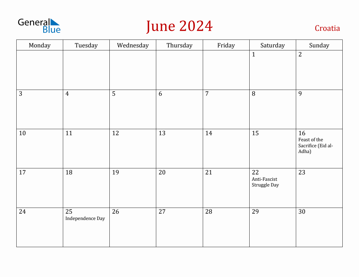 June 2024 Croatia Monthly Calendar with Holidays