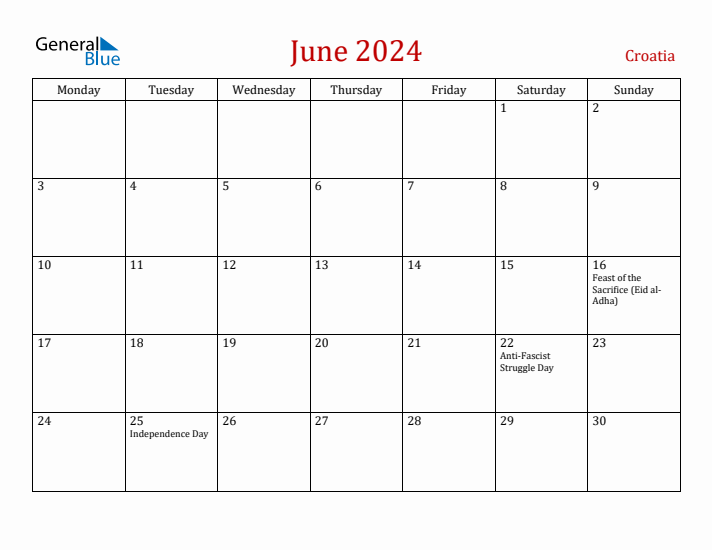 Croatia June 2024 Calendar - Monday Start