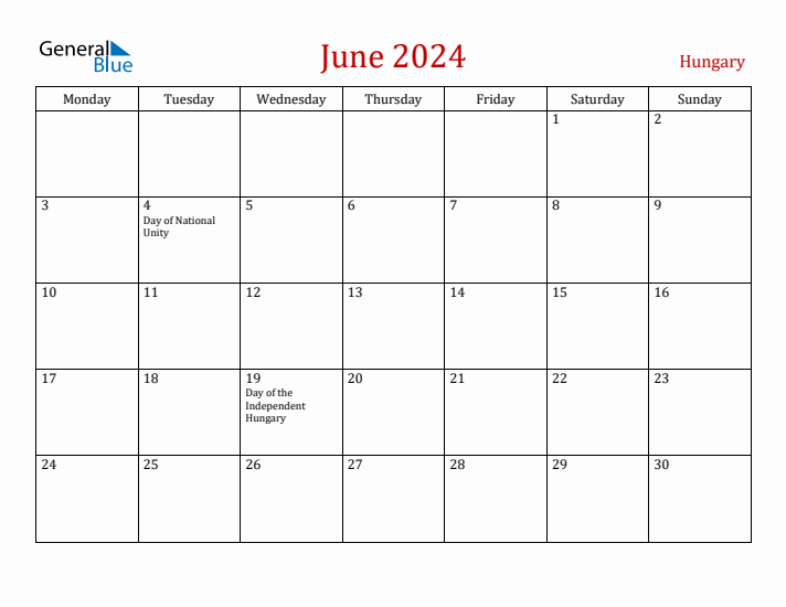 Hungary June 2024 Calendar - Monday Start