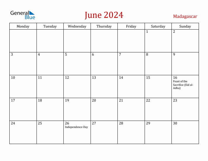 Madagascar June 2024 Calendar - Monday Start