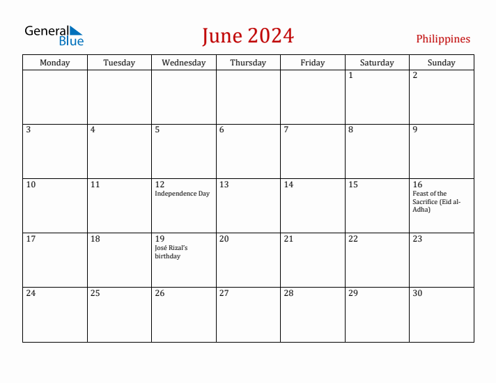 Philippines June 2024 Calendar - Monday Start