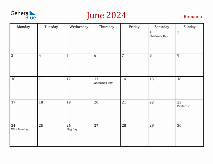 Romania June 2024 Calendar - Monday Start