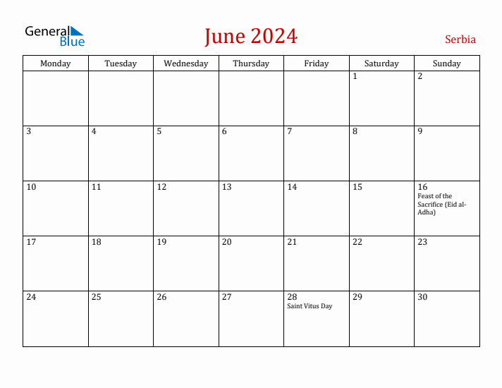 Serbia June 2024 Calendar - Monday Start