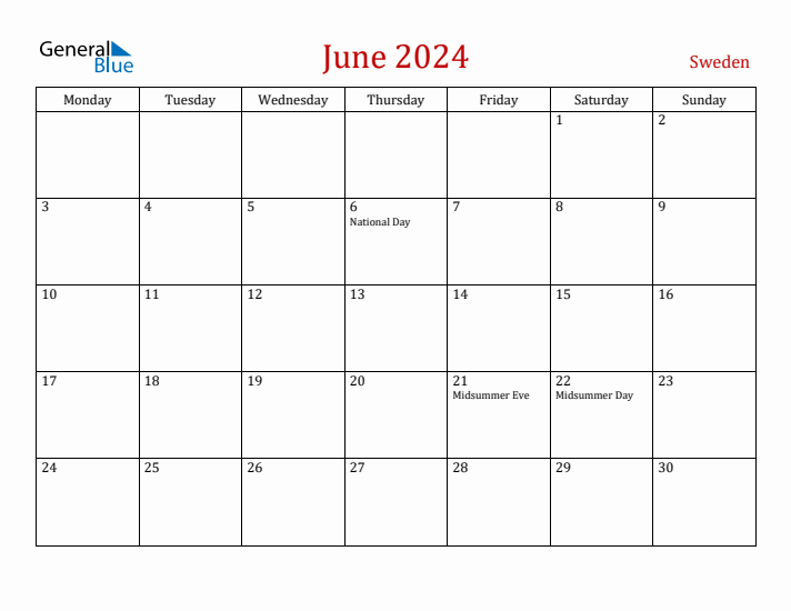 Sweden June 2024 Calendar - Monday Start