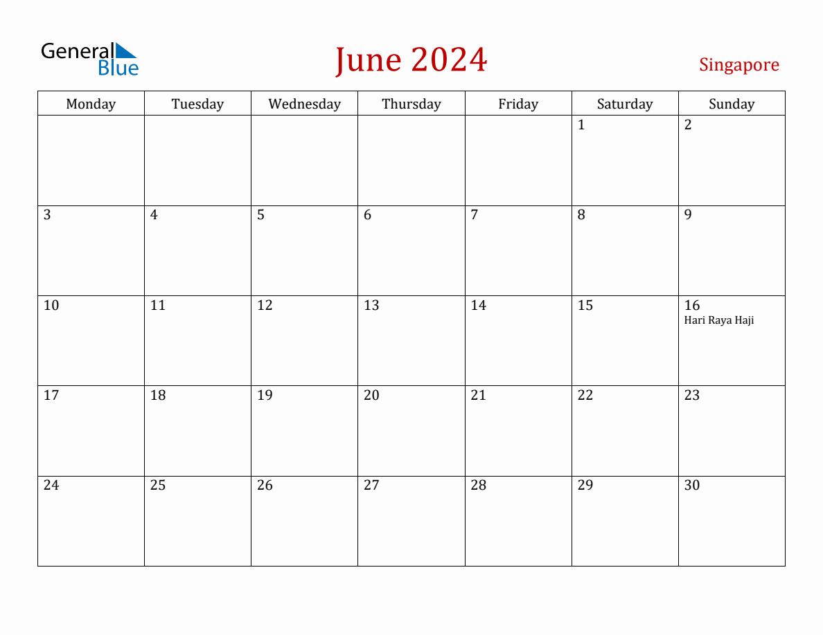 June 2024 Singapore Monthly Calendar with Holidays