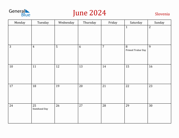 Slovenia June 2024 Calendar - Monday Start