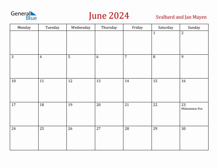 Svalbard and Jan Mayen June 2024 Calendar - Monday Start