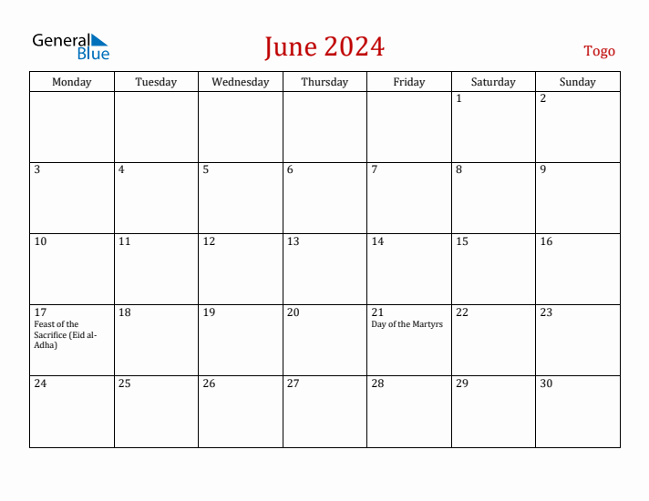 Togo June 2024 Calendar - Monday Start