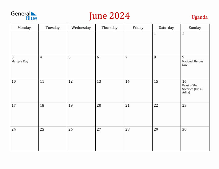 Uganda June 2024 Calendar - Monday Start