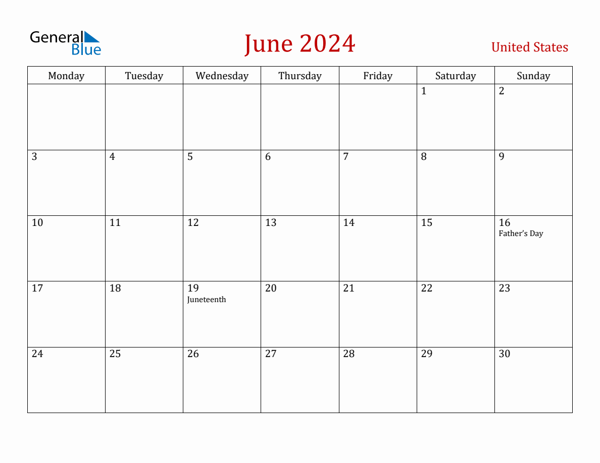 June 2024 United States Monthly Calendar with Holidays
