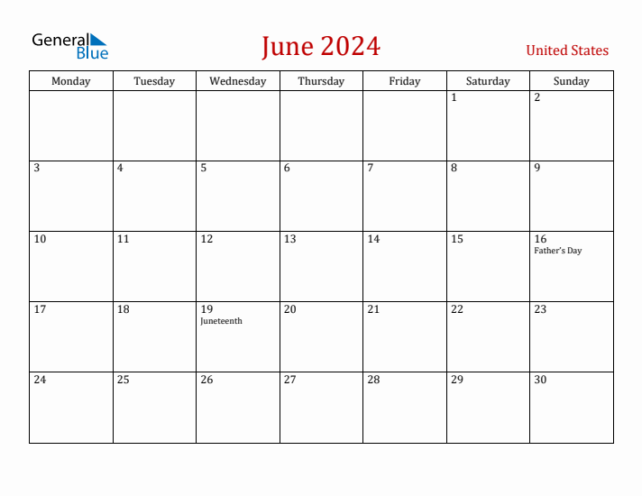 United States June 2024 Calendar - Monday Start