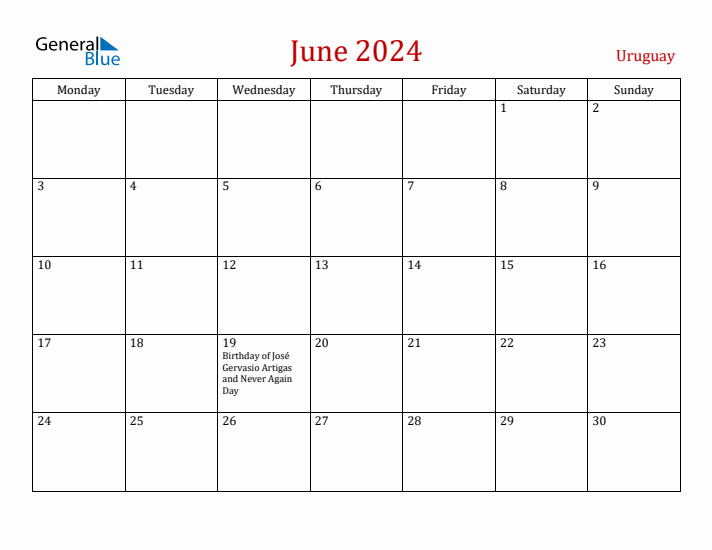 Uruguay June 2024 Calendar - Monday Start
