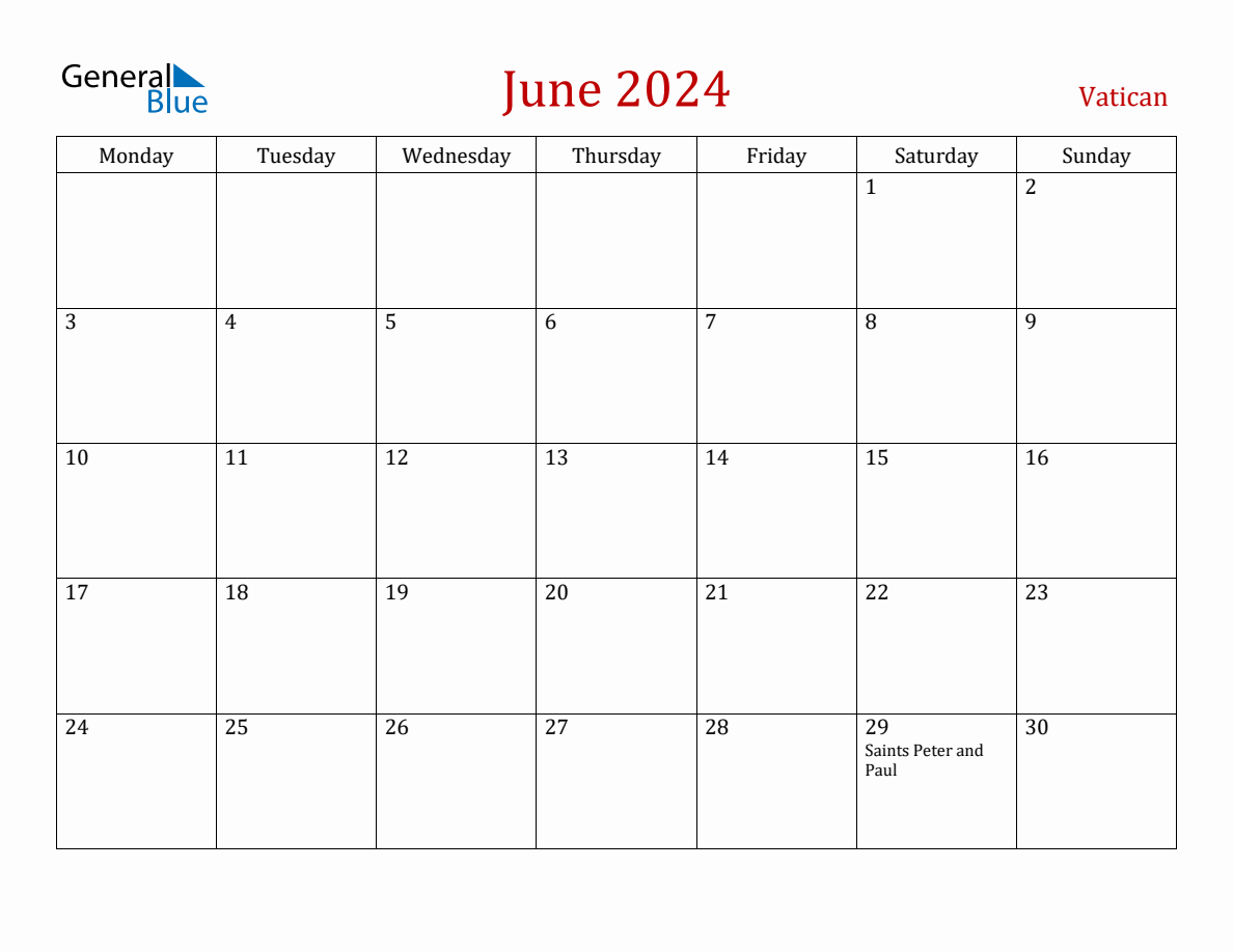 June 2025 Vatican Monthly Calendar with Holidays