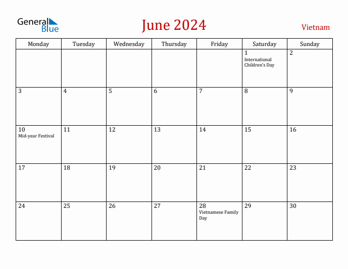 Vietnam June 2024 Calendar - Monday Start