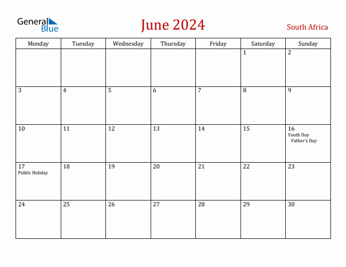 June 2024 South Africa Monthly Calendar with Holidays