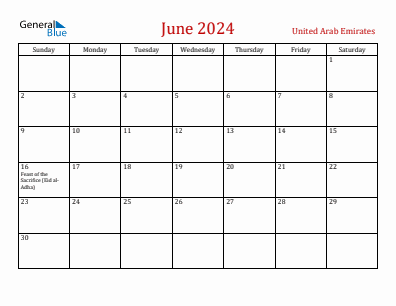 Current month calendar with United Arab Emirates holidays for June 2024
